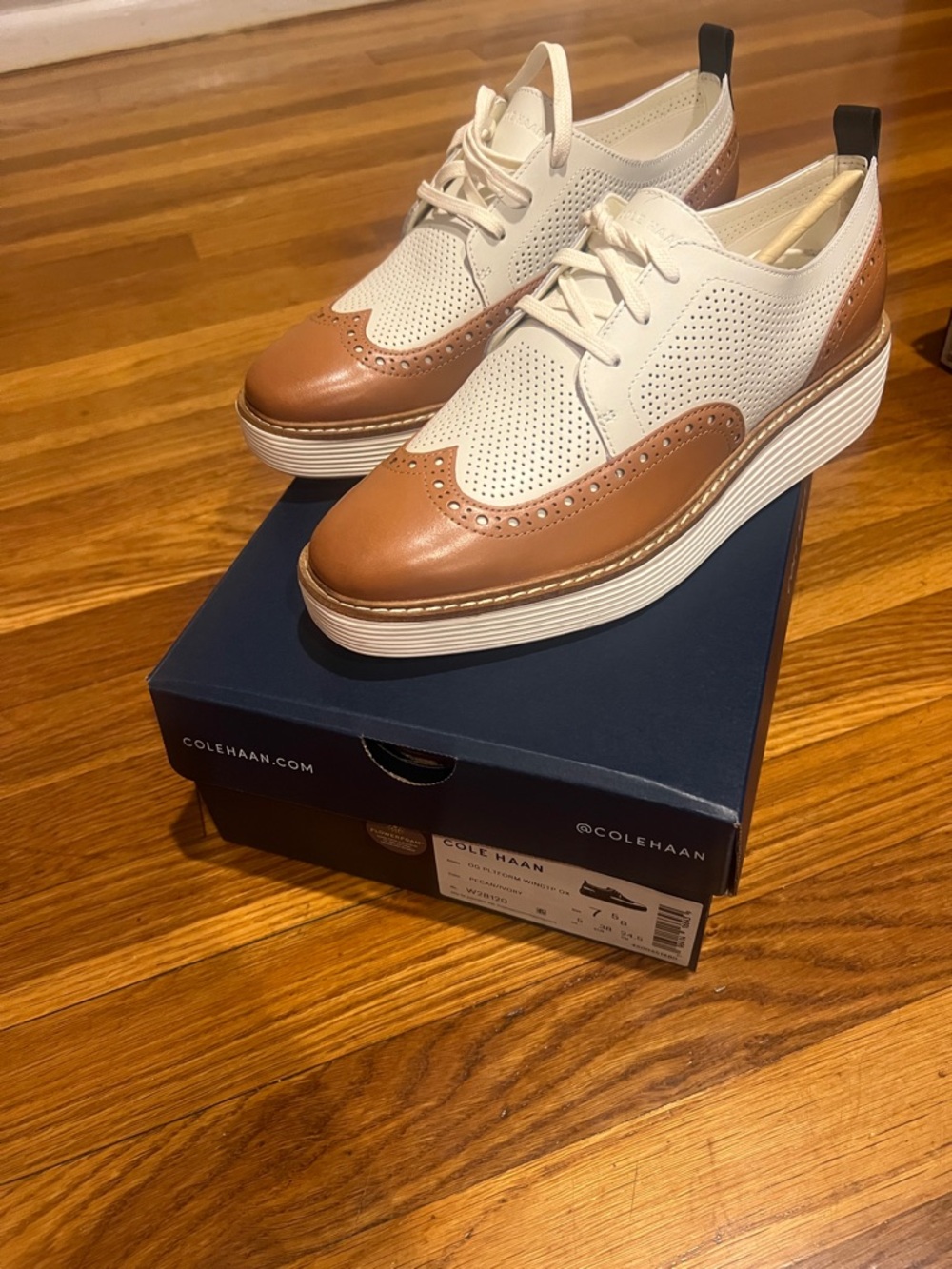 Cole Haan White and Brown Perforated Wingtip Derby Sneakers